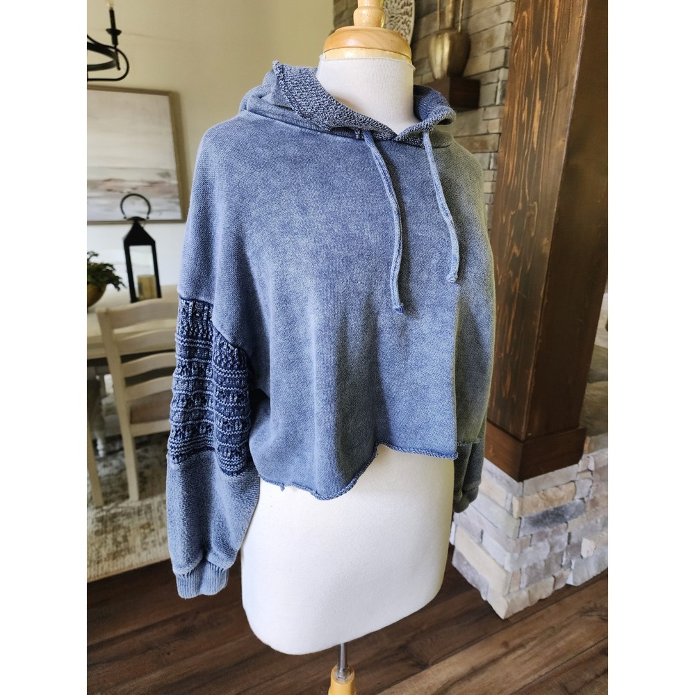 Vintage‎ Havana Womens Small Blue Acid Wash Cropped Hoodie Crochet Sleeve Boho